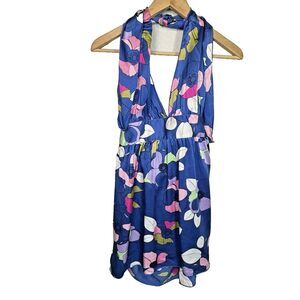 VTG Y2K Baby Doll Top Blue Floral Silk Long Halter Tie Backless 2000s Wet Seal M